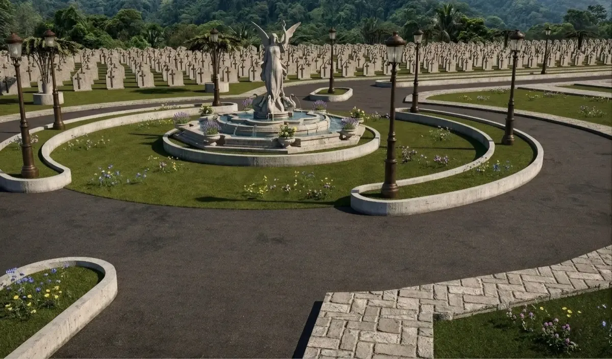 Fuente y jardines centrales del parque memorial